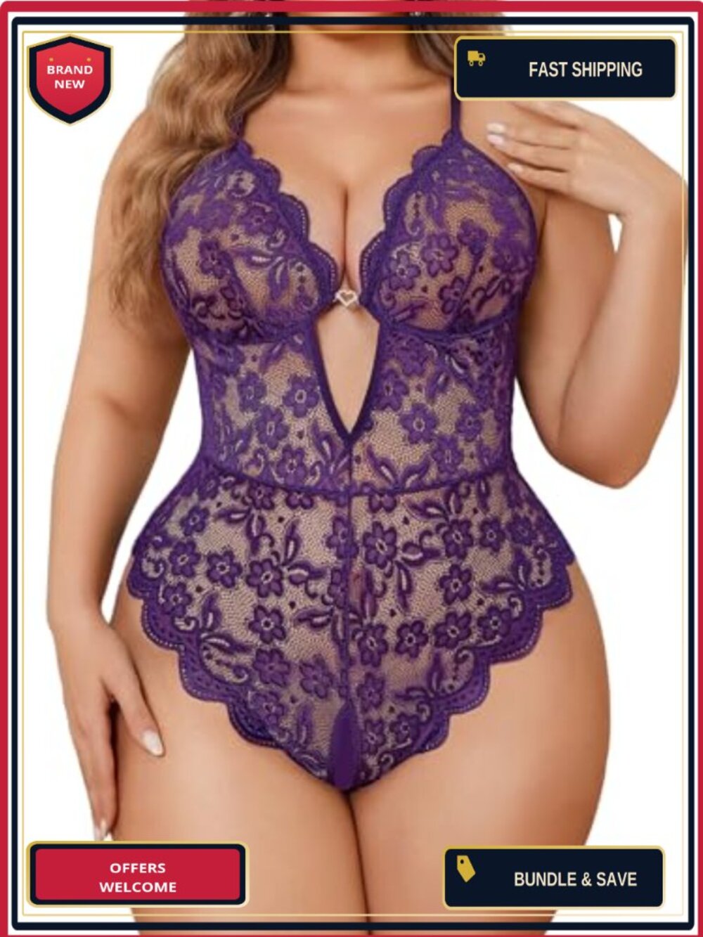 Plus Size Lace Teddy Deep V Bodysuit Lingerie Chemise